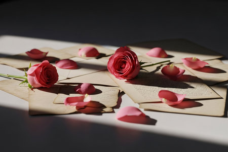Melancholy arrangement of forgotten love correspondence mixed with rose petals showing the sorrowful side of past relationships.の素材