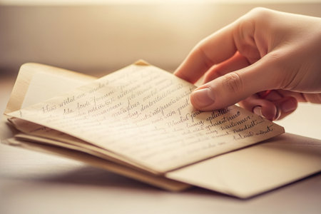 Person placing handwritten note inside old stationery with care symbolizing the importance of keeping romantic memories alive.の素材
