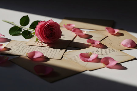 Nostalgic remembrance concept featuring aged stationery and floral elements evoking deep emotions of longing and sentimental storytelling.の素材