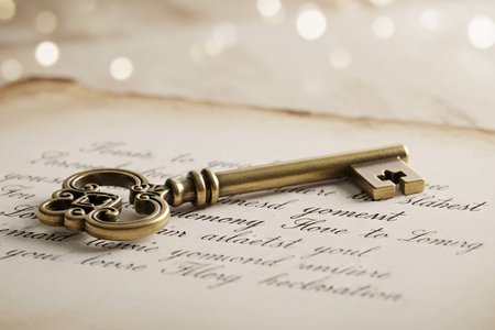 Close up of an old key lying on vintage correspondence suggesting memory, longing, and a romantic declaration of love.の素材