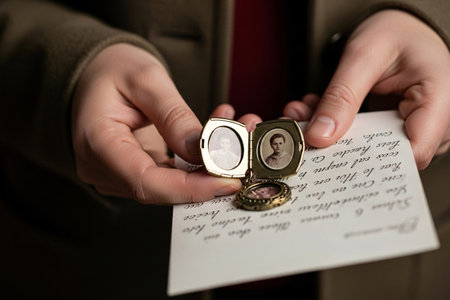 Woman holding open locket revealing faded portrait and cursive text depicting a timeless story of courtship and the pain of separation.の素材