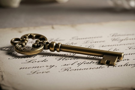 An antique key resting on a handwritten letter with cursive text highlighting the emotional depth and longing of the correspondence.の素材