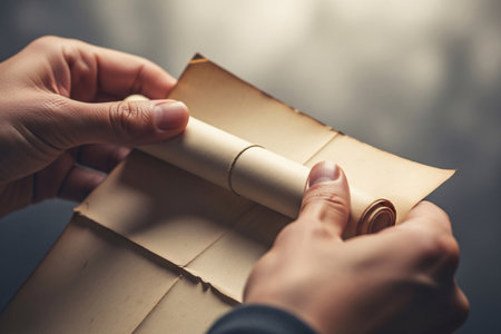Close up of hands gently unrolling an antique handwritten correspondence carefully preserved like a scroll showing memory and sentiment.の素材