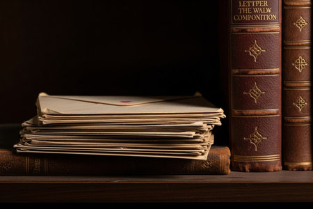 Vintage love letters nestled between antique volumes suggesting a hidden history of courtship and emotional storytelling waiting to be discovered.の素材