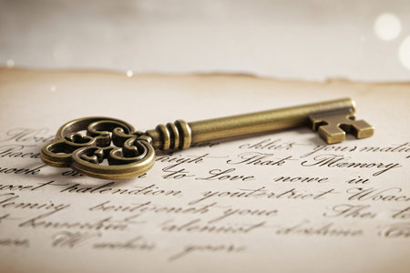 The combination of an antique key and a letter with elegant handwriting conveys deep emotional connection and timeless romance.の素材