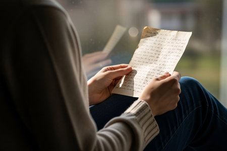 Woman holding vintage love letter while sitting quietly by a window reflecting on past memories and deep romantic sentiment during the day.の素材