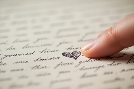 Macro shot of a finger on a weathered paper surface highlighting a hand-drawn heart and the heartfelt message or declaration.の素材