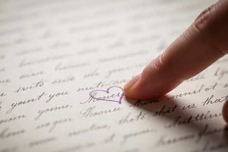 Intimate shot of a finger connecting with a hand-drawn heart on an aged paper document conveying deep emotional love and remembrance.の素材