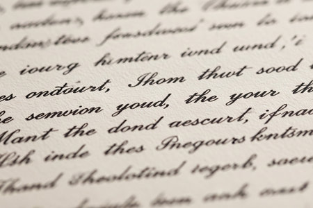 Detailed shot of a vintage valentine correspondence with faded calligraphy and textured paper symbolizing courtship and anniversary.の素材