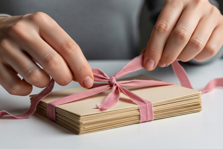 Emotional moment of hands carefully opening the bound stack of old letters symbolizing the reveal of long-lost sweetheart memories.の素材