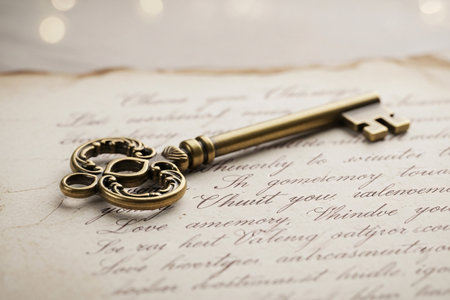 A symbolic image featuring an old key placed on an aged love letter, representing the memory of a beloved sweetheart and courtship.の素材