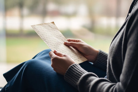 Emotional remembrance captured as a female figure sits with an aged paper message symbolizing lost love and enduring affection.の素材