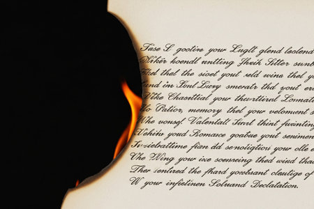 Close-up highlighting the dramatic damage on old stationery, representing a painful yet cherished memory or valentine message.の素材