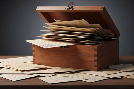The open wooden box reveals a jumble of aged handwritten letters and envelopes conveying a sense of sentiment and storytelling.の素材