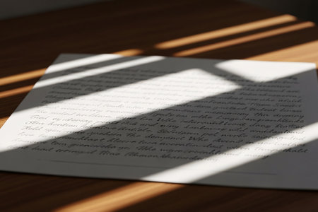 An open old-fashioned letter with cursive handwriting highlighted by soft sunlight and shadows creating a dreamlike, romantic memory.の素材