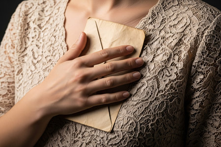 The image captures a woman's tender gesture of holding an aged paper document to her heart symbolizing deep love and remembrance.の素材