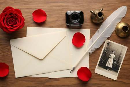 Overhead view of romantic nostalgia featuring a handwritten letter, fountain pen, and rose petals symbolizing a declaration of love.の素材