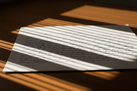 Close up of an open vintage letter with expressive shadows and sunlight detail conveying the emotional depth of the correspondence.の素材