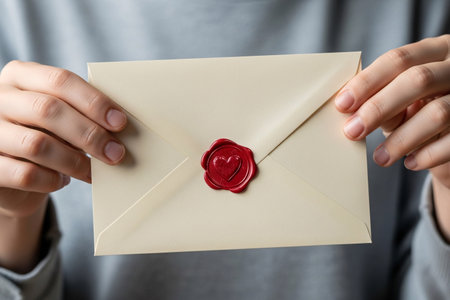 Macro detail of a heart design wax seal on aged paper emphasizing the vintage stationery and the unspoken message of longing.の素材