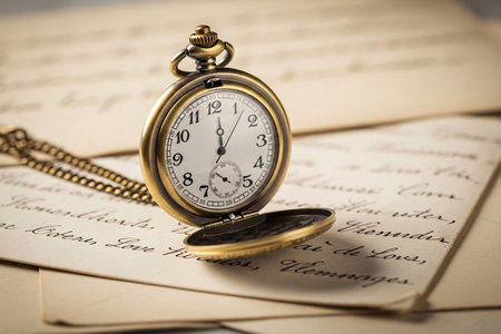 Detailed still life of an antique pocket watch resting on a stack of valentine letters representing cherished memories and old romance.の素材