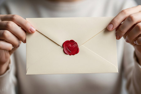 The image captures the moment before an envelope with a beautiful wax seal is opened revealing a sentimental declaration or valentine.の素材