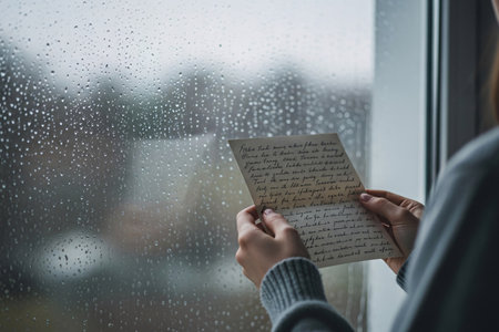 Close up on hands and the aged paper of a letter, set against a blurred rainy background, suggesting a moment of quiet reflection.の素材
