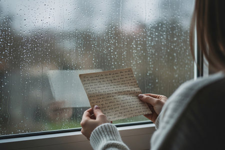 A woman's hands gently holding a vintage handwritten love letter inside a cozy room with rain streaks visible on the window behind.の素材