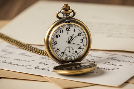 An antique pocket watch and aged letters together evoke a sense of timeless love, emotional declaration, and nostalgic remembrance.の素材