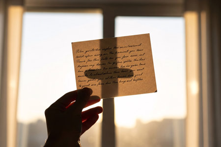 A close up of a hand holding old paper against the light, highlighting the fragile texture and the secret sentiment of the love message.の素材