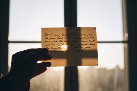 A hand holding up a piece of vintage handwritten paper against a bright window, revealing the paper texture and the shadow of the handwriting.の素材