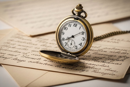 An antique gold pocket watch rests atop a stack of aged love letters symbolizing the passage of time and enduring romantic memory.の素材