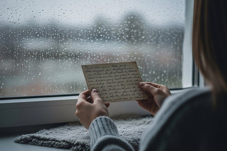 The scene captures the nostalgic mood of holding an old letter while watching the rain outside creating a romantic longing atmosphere.の素材