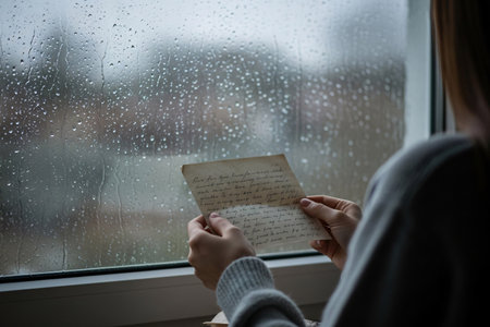 A woman's hands hold a vintage letter as rain falls outside the window, adding a dramatic and emotional element to the romantic storytelling.の素材