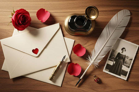 Old-fashioned correspondence items arranged with a letter, quill, and photo on a wooden surface conveying emotional memory and love.の素材