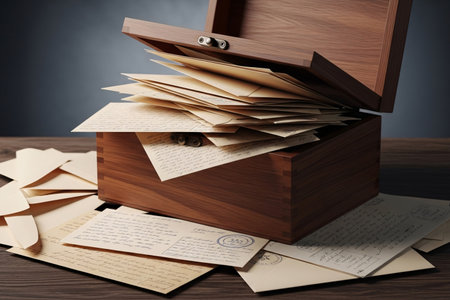 An antique box treasure trove filled with old-fashioned correspondence and paper symbolizing deep emotional connection and nostalgic memory.の素材