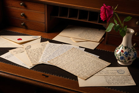 Old fashioned stationery with envelopes and a single flower represents enduring love and the traditional declaration of affection.の素材