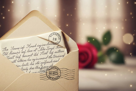 Antique envelope with a postmark and nostalgic paper symbolizes the history and delivery of a cherished message of remembrance.の素材