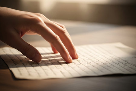 Handwritten cursive text on old paper beneath a graceful hand captures the romantic sentiment and storytelling concept of the past.の素材