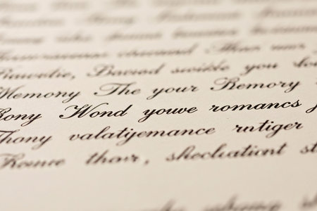 Vintage romantic cursive script with faded ink conveys a powerful and emotional declaration of enduring love and courtship.の素材