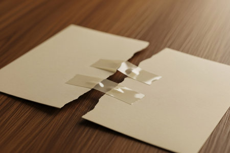 An old handwritten love letter that was once torn in half and is now carefully mended with transparent tape on a wooden surface.の素材