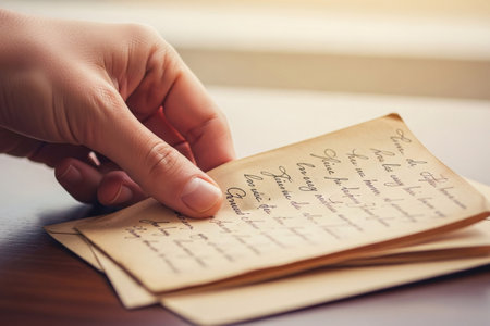 Gentle hand inserting aged love letter inside a paper cover to protect the delicate script and cherish the past romance.の素材