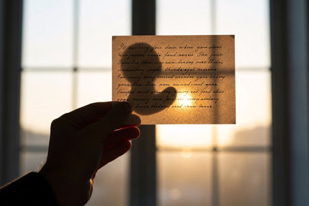 Bright sunlight shines through the vintage paper held by a hand, showing the transparency of the aged document and emotional memory.の素材