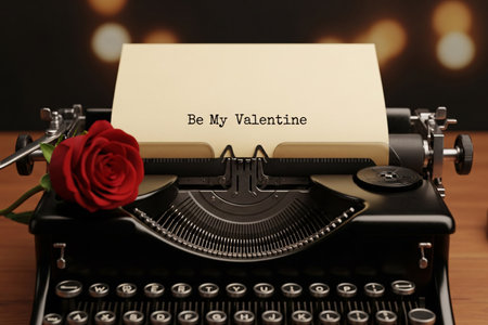 Writing a valentine message on an old fashioned typewriter combining classic communication technology with the everlasting symbol of the red rose.の素材