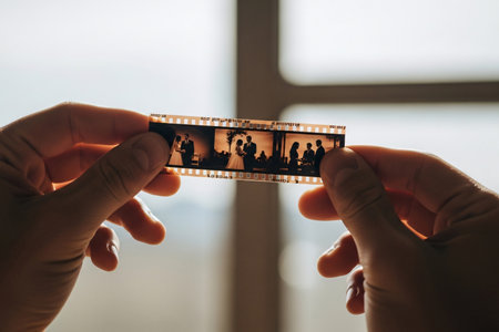 Filmstrip wedding ceremony silhouette viewed against soft natural daylight illustrating the concept of looking back at a romantic betrothal celebration.の素材