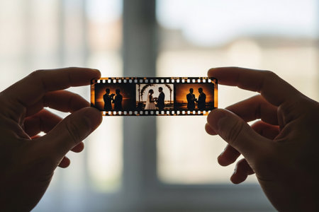 Wedding filmstrip negative held by fingers against a bright window background representing the importance of preserving cherished memories and family history.の素材
