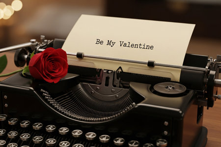 Antique typewriter and single red rose on a wooden desk top symbolizing an old fashioned way of sending a romantic love letter.の素材