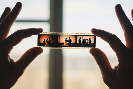 Remembrance concept with hands inspecting an analog film strip of a marriage ceremony symbolizing the enduring connection of true love and commitment.の素材