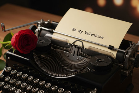 Be My Valentine typed message clearly visible on aged paper inserted into an antique machine for a cherished remembrance.の素材