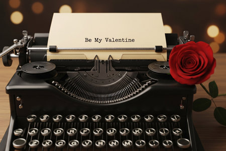 Antique black typewriter with romantic paper and a fresh rose evoking a cozy vintage atmosphere ideal for dedication and communication concepts.の素材