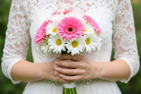 Bridal bouquet featuring daisy and pink gerbera flowers held gently by the woman for a beautiful display of color and texture.の素材